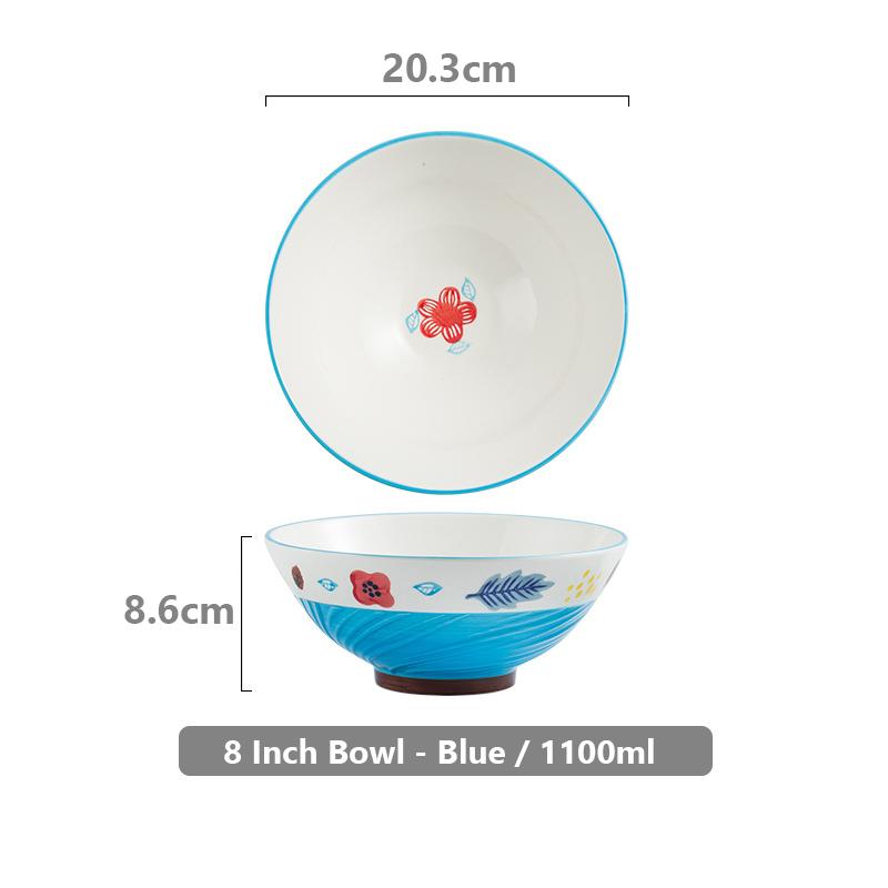 8 Zoll Handbemalte Florale Ramen Servierschüssel Keramik Groß Salatschüssel Suppenschüssel Müslischüssel Instant Nudelschüssel Mikrowellengeeignet 1100ml