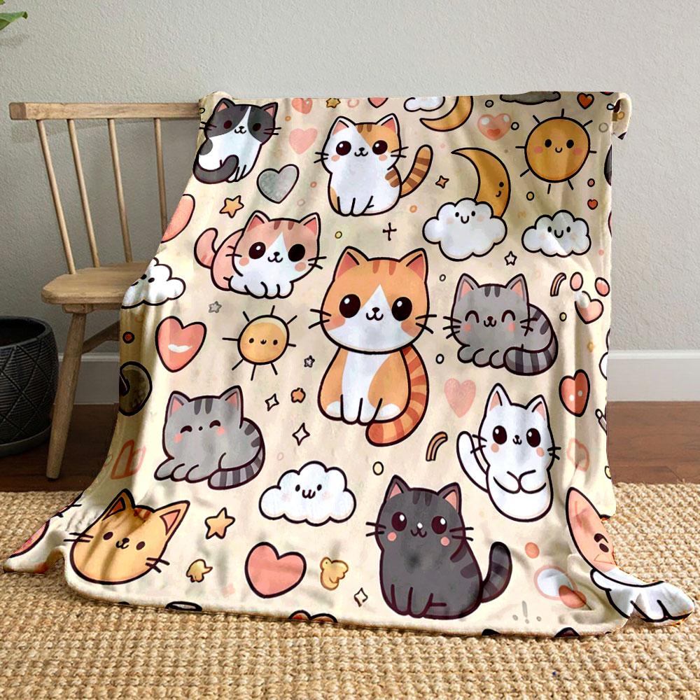 Cute Cartoon Cats and Suns Pattern Print Blanket Soft and Cozy Perfect for the Living Room Bed Sofa or a Nap,gift