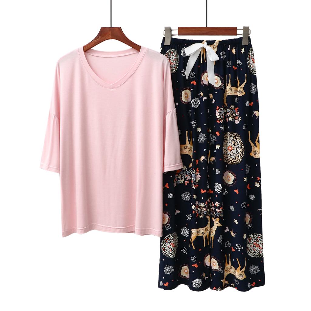 Sommer Damen Pyjama Sets Modal Kurzarm T-Shirts und Weitbein Hosen Heiß Lässig Homewear 2-teiliges Anzug Damen Nachtwäsche