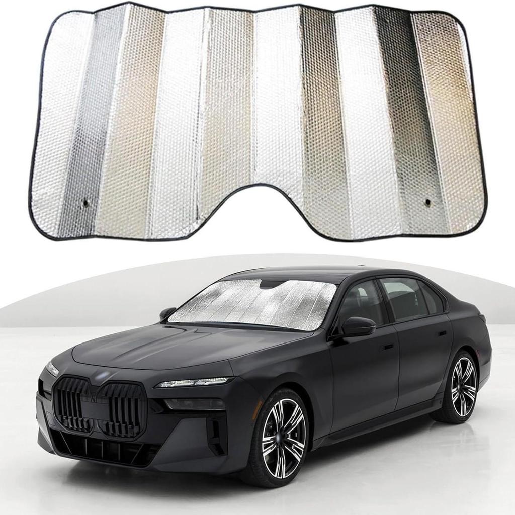 Foldable Reflective Car Windshield Sunshade, Silver Heat Insulation, Blocks Sunlight for Interior Protection.