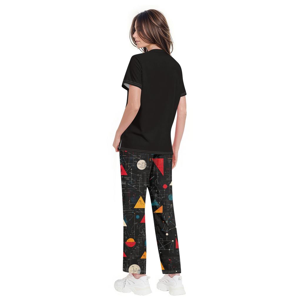 Plus Size Printet Arbejdsuniform Toppe Til Kvinder med Kryds V-Hals Halloween Print Korte Ærmer Sjove T-shirts Arbejdstøj T-shirt Med Lommer
