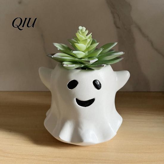Halloween Themed Plant Container Ghost Flowerpot, Waterproof Resin Vase, Spooky Cute Indoor Outdoor Pot Desktop Ornament, for Green Plants Holiday