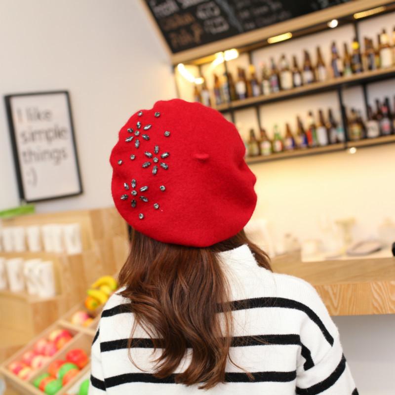 VISROVER Woman Wool Winter Beret DIY Female Rhinestone Wool Cap Autumn Winter Hat Solid Color Top Quality Women Boina Wholesales