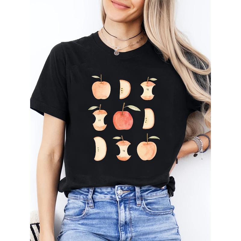 Watercolor Apple Graphic Tee Oversized Short Sleeve Fresh And Artistic Casual Top