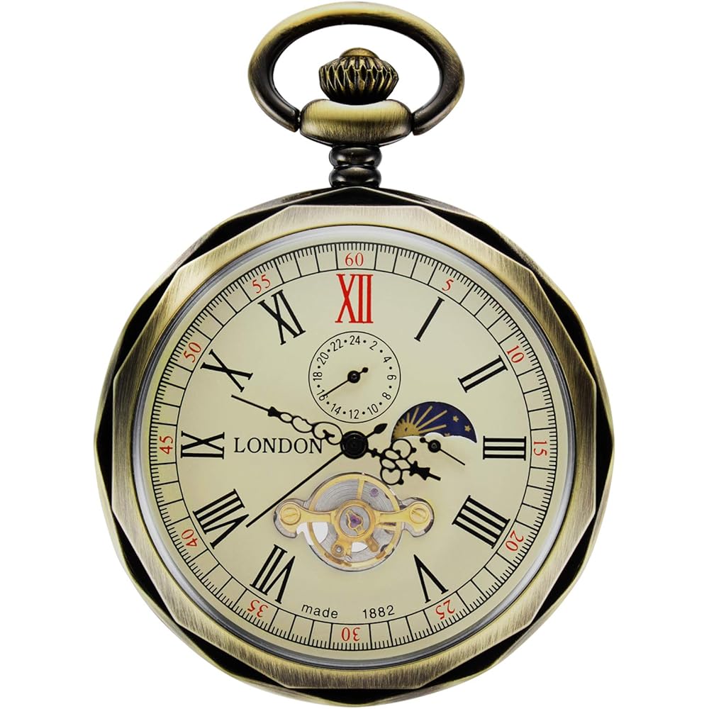 Treeweto Mechanical Pocket Watch Bronze Roman Numerals Open Face 24-Hour Moon Phase Chain with Gift Box