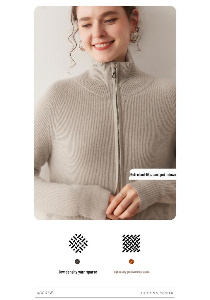 Lekasha Cashmere 2026 Stand-up Collar Women's Double Zipper Cardigan Coat