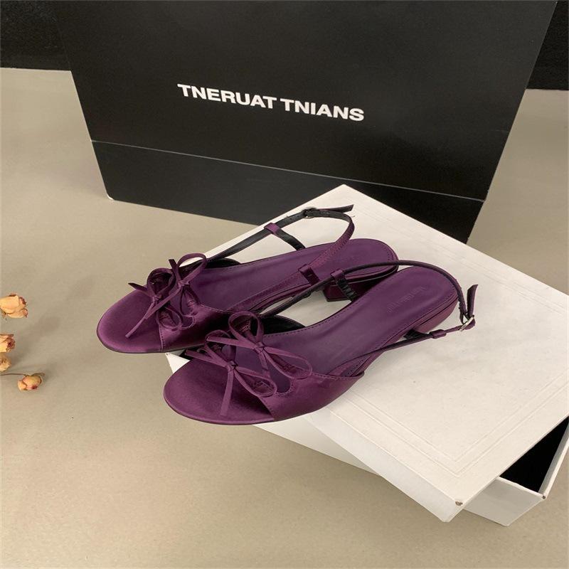 Fashion Female Sandal 2025 Women's Bow Shoes Clear Heels Girls New Beige Outside Low Comfort Summer Fashion Scandals Butterfly-knot Casu