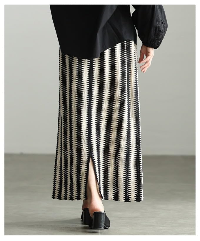 la Summer crochet knit long skirt for Long length skirt with elastic openwork relaxed Free Size Black Stripe [sawa á mode] mood-enhancing women.