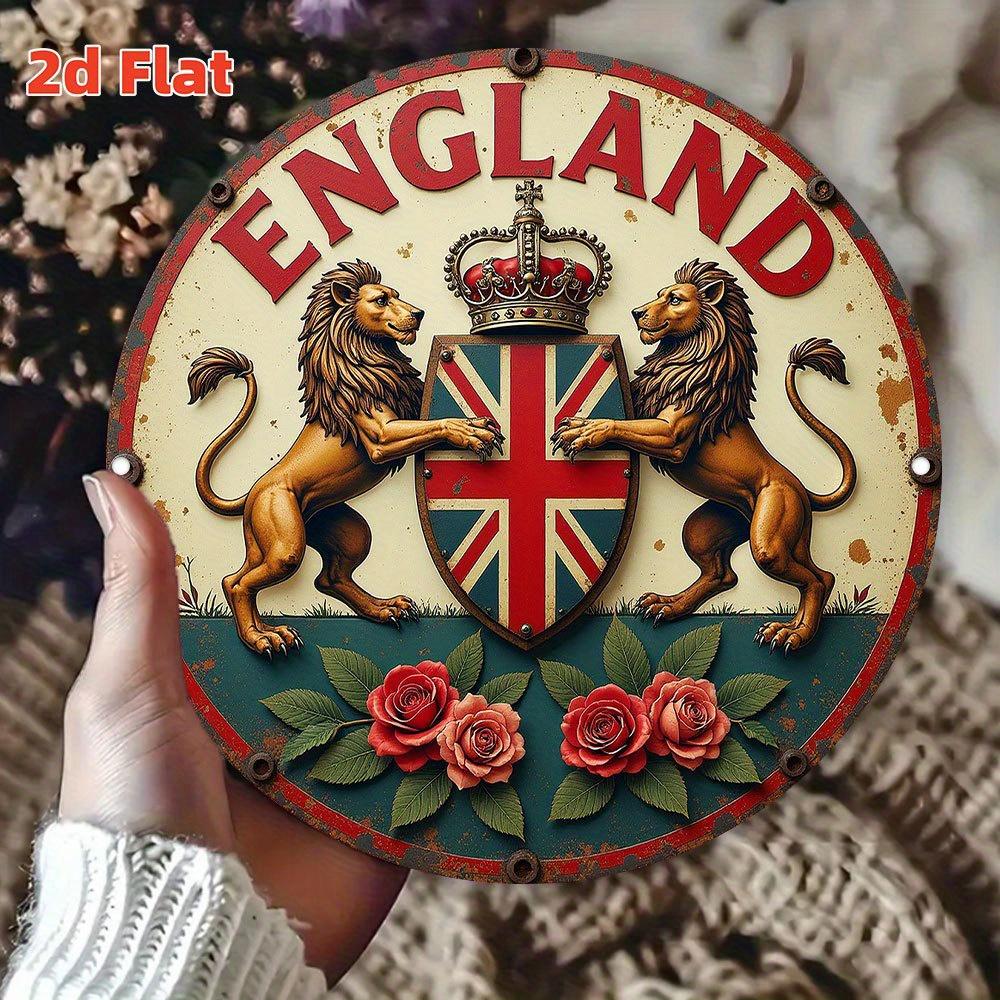 D Flat Vintage England Emblem Wall Art Aluminum Sign with Lion and Rose Design Durable IndoorOutdoor Decor for Home
