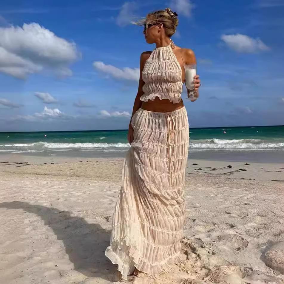 Fashion Halter Neck Long Skirt Suit Women Backless Sling Lace Up Fold Maxi Skirts Summer Female Two Piece Set Outfits