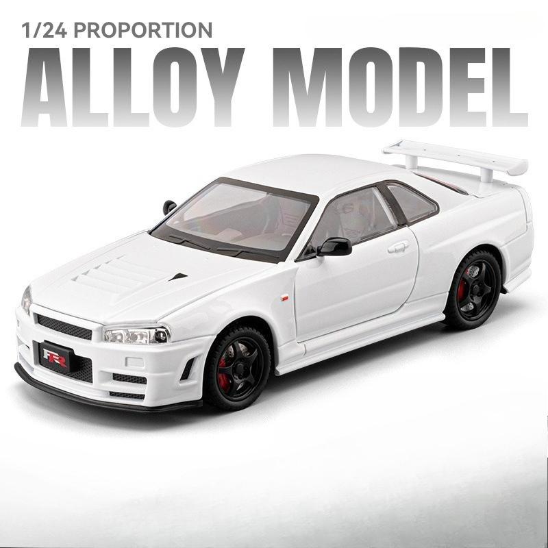 1/24 Skyline GTR R34 Static Diecast Car Sound Light Pull Back Detailed Rubber Tires Desktop Hobby Collectible Boys Gift