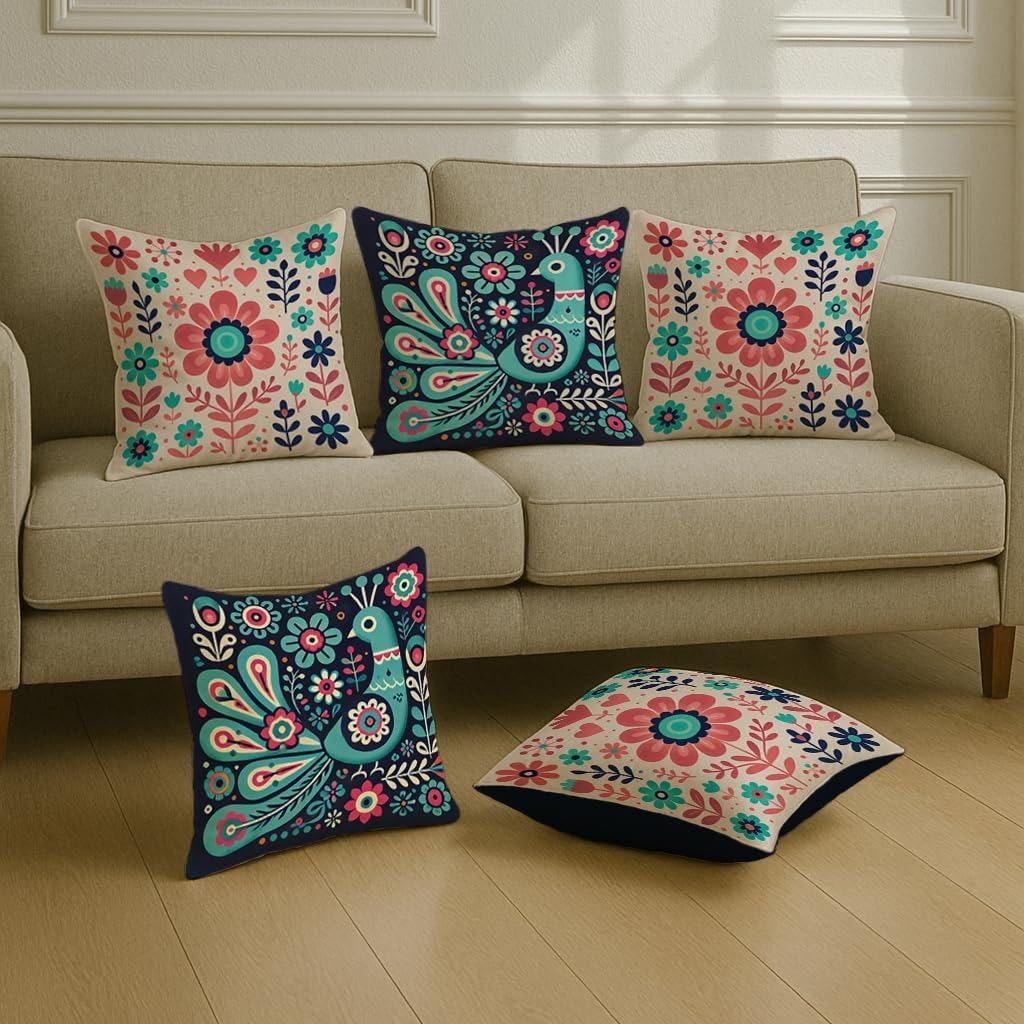 Folk Art Satin Cushion Covers Peacock & Botanical Motif, 16x16 Inches, Decorative Set for Living Room (Pack of 5)