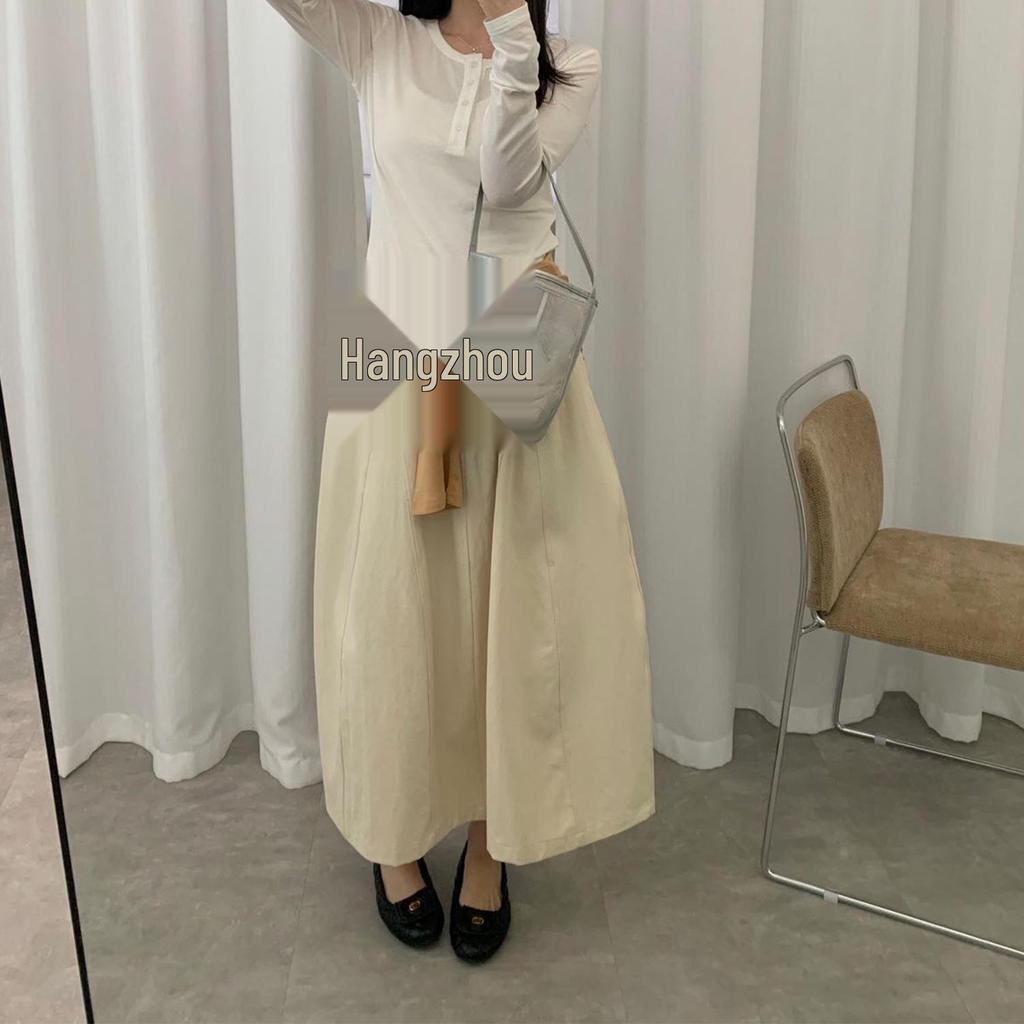 Pepper Patch Women's Elastic Waist Cotton Midi Skirt - Korean Style A-line for Spring/Summer