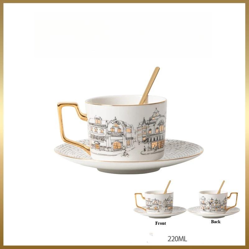 Vintage European Town Phnom Penh Ceramic Coffee Cup and Saucer Retro Afternoon Tea Cup High-end Bone Porcelain Coffee Mugs 220ml