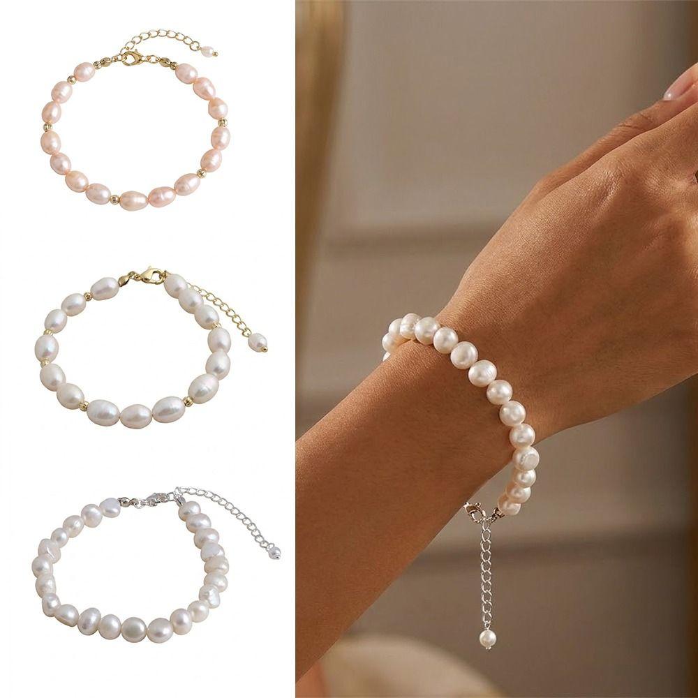 Small Rice Pearls Rice Pearl Strand Bracelets Adjustable Chain Beaded Strand Bracelets Women