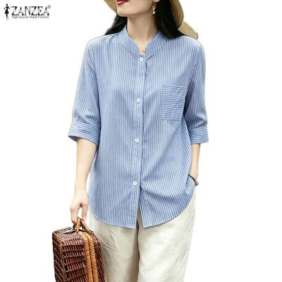 Women Stand Collar Loose Casual Half Sleeve Stripe Blouse