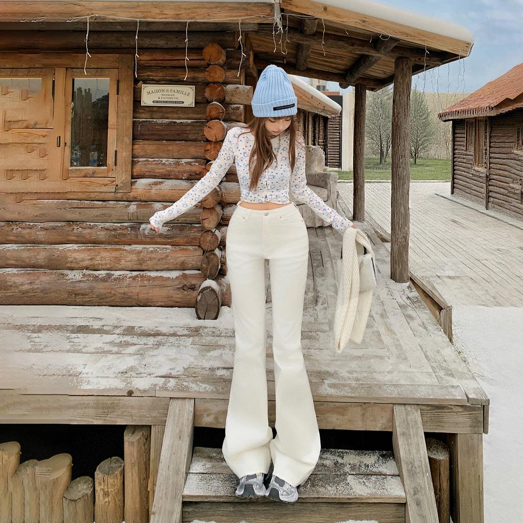 American Spice Girl retro white slim-fitting flared pants slim elastic versatile drape autumn and winter jeans women