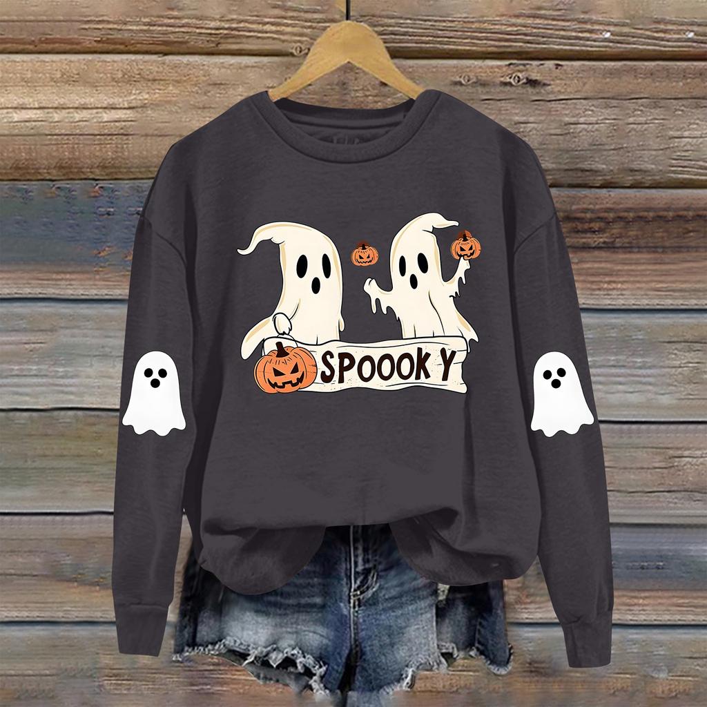 Dame Moteable Casual Langermet Halloween Trykket Rundhals Topp
