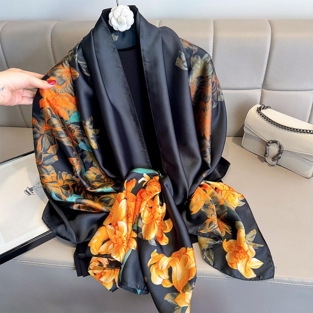 Print Large Shawl Wraps Black Scarf For Travel Women Luxury Brand Satin Headband Hijab Turban Foulard Summer Beach Stoles