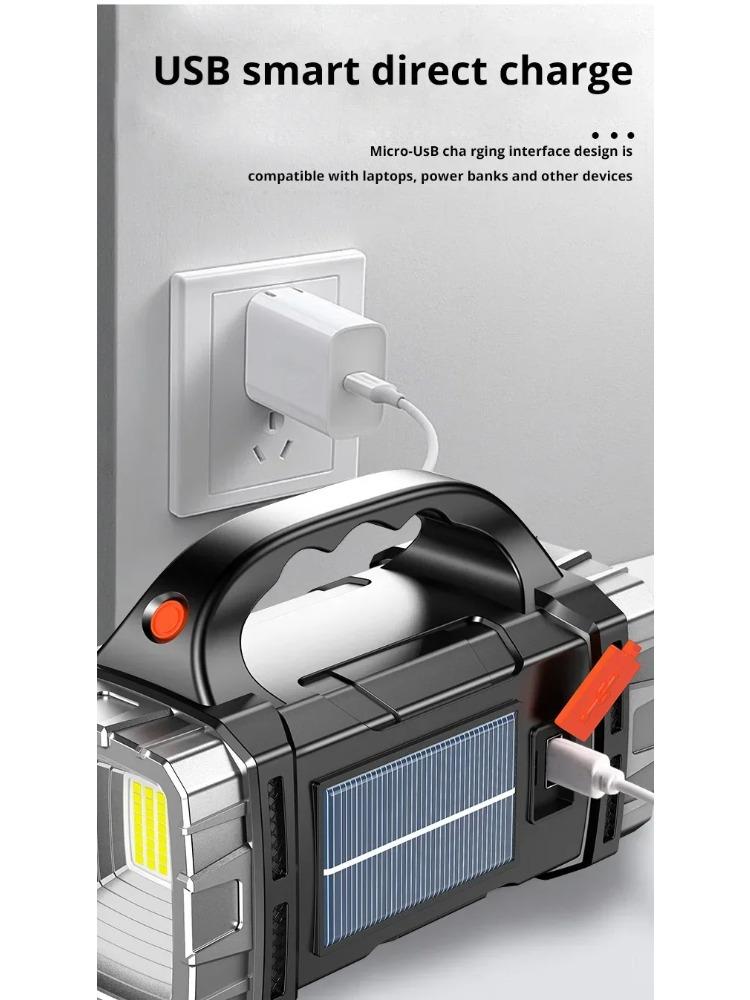 2026 Powerful LED Flashlight USB+Solar Rechargeable Flashlight COB Outdoor Camping Torch Portable Searchlight Power Bank Outdoor