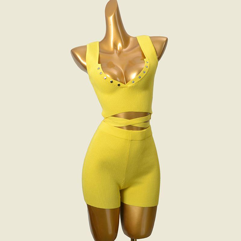 

Export Export Yuan Single Sexy Sexy Two-piece Set Pack Fashion Style Square Collar V Neck Short Vest + High Waist Shorts Yellow(Tops + shorts) S