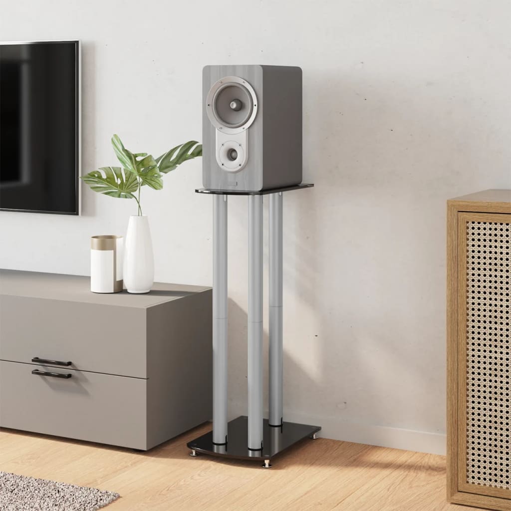 Speaker Stands (2 Pcs) Black & Silver Tempered Glass 3 Column Design