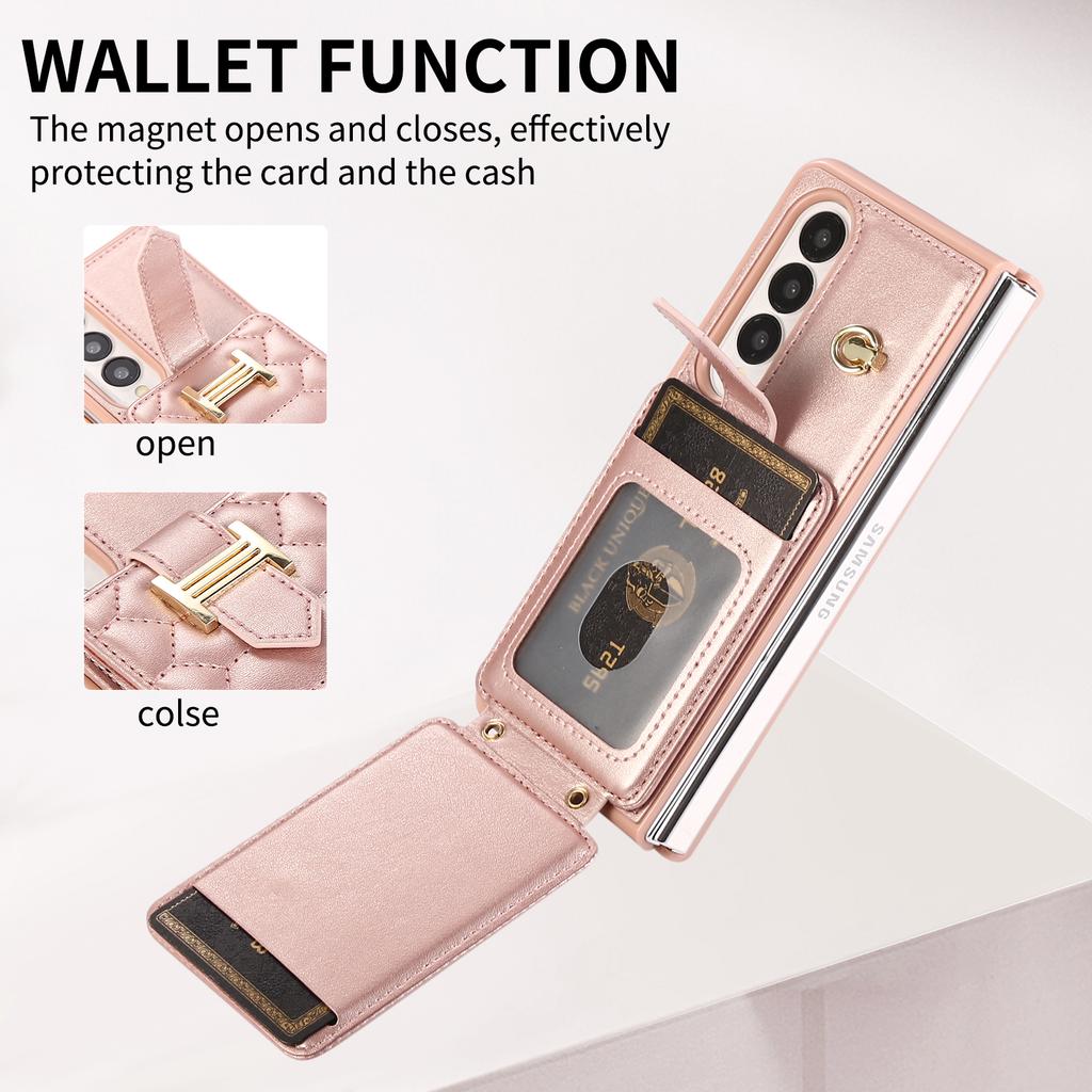 Crossbody Lanyard Phone Case for Samsung Galaxy Z Fold 7 6 5 4 3 Fold7 Fold6 Folio Wrist Strap Leather Card Holder Wallet Cover