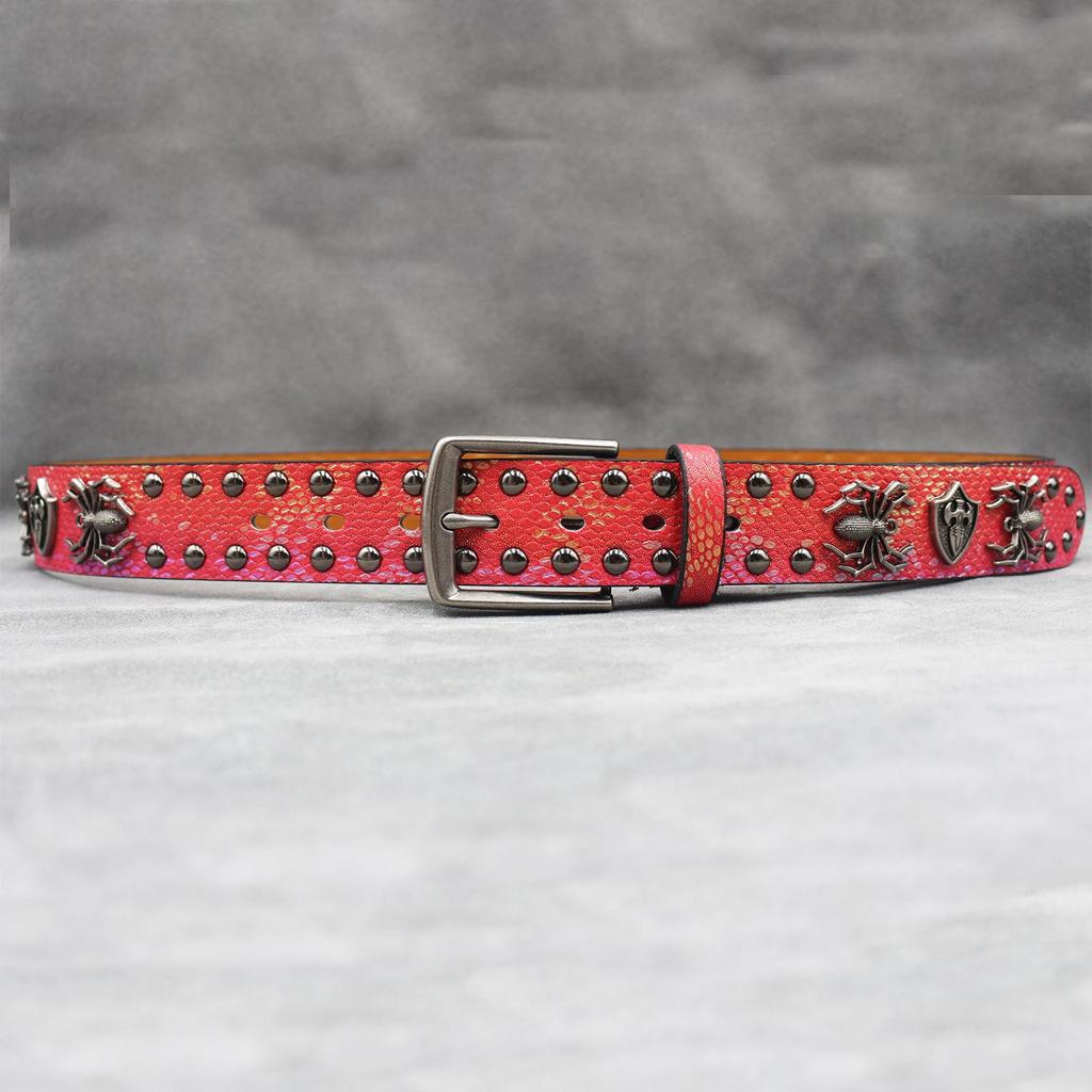 Unisex 7-Color 3D Spider Rivet Leather Belt with Snake Print
