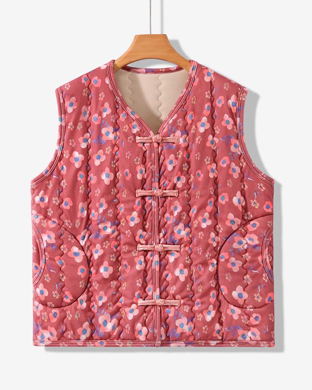Women's Plus Size Floral Fleece-Lined Cotton Vest - Sleeveless, Thick, Warm Jacket for Middle-Aged and Elderly