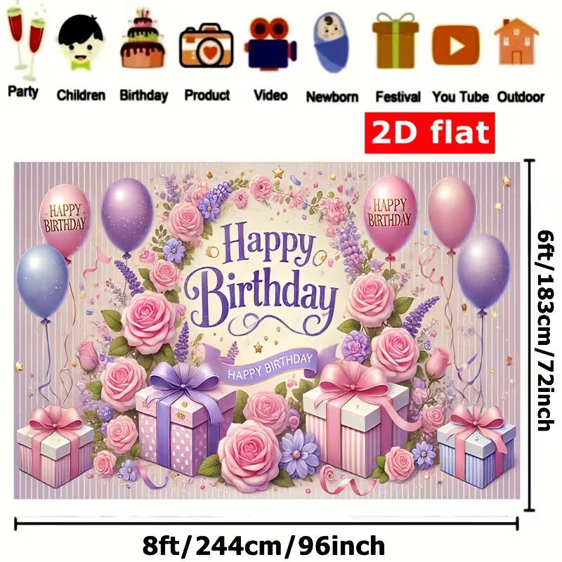 2D Floral Happy Birthday Backdrop Pink Rose Lavender Photography Background