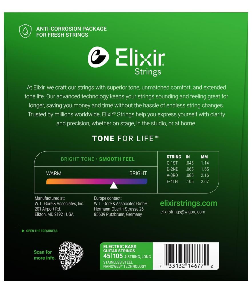 Elixir 14677 NANOWEB Stainless Steel Bass Strings, Long Scale, Light/Medium (.045-.105)