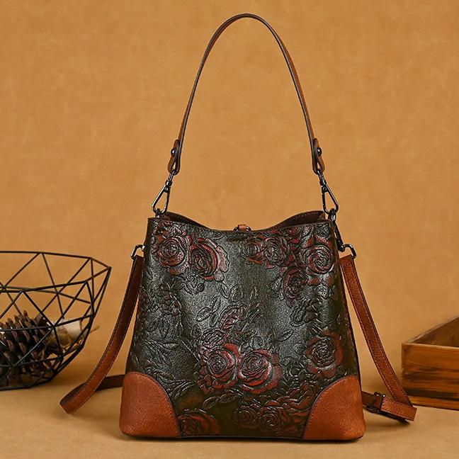 Johnature Retro Embossed Bucket Bag Large Capacity Handmade Women's Bag Versatile Shoulder Crossbody Bags