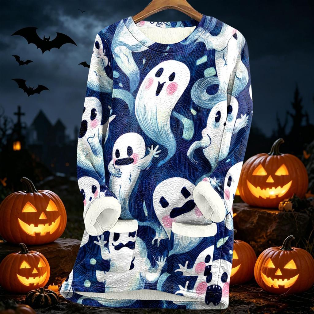 Women Long Sleeve Fleece Lined Tunic Sweater Dress with Halloween Print Soft Warm Thickened Sherpa Pullover for Autumn Winter