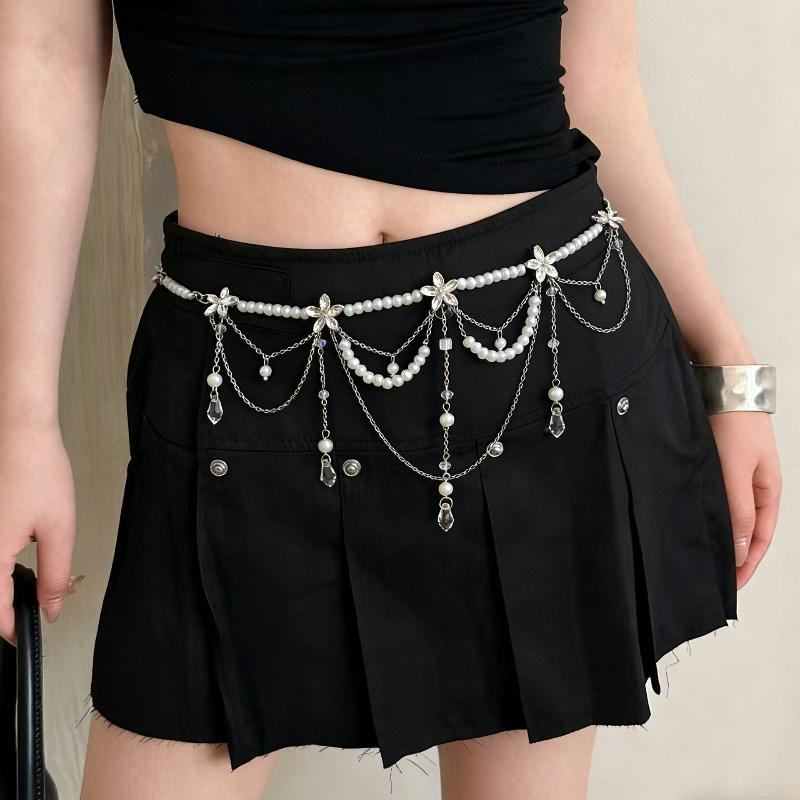 Glänzende Strassstern Pentagramm Taillenkette Für Frauen Bling Kristall Perlenkette Quaste Gürtel Körperkette Y2K Schmuck