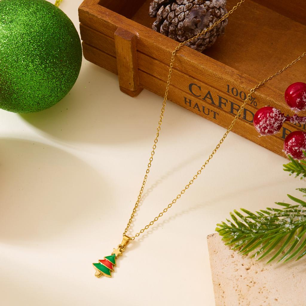 Stainless Steel Colorful Oil Drop Pendant Necklaces Enamel Christmas Tree Bell Santa Snowflake Necklace for Women Jewelry Gift