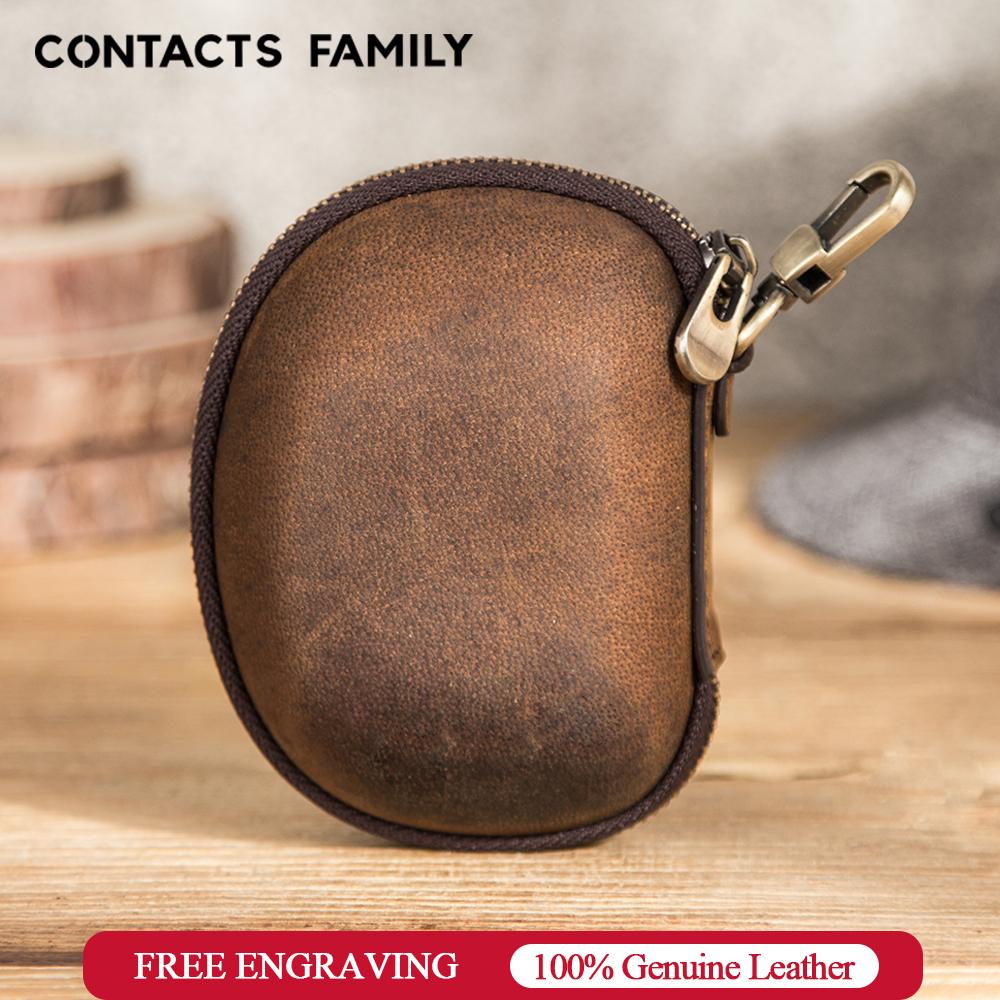 CONTACT'S FAMILY Genuine Leather Earphone Case Portable Hard Storage Box Organizer for Earbud USB Cable Earphone Accessories Bag