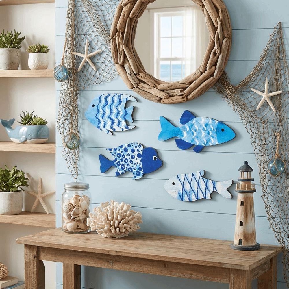 Houten Vissen Muurdecoratie Oceaan Thema Mariene Stijl Nautische Muurkunst Woonkamer Decoratie