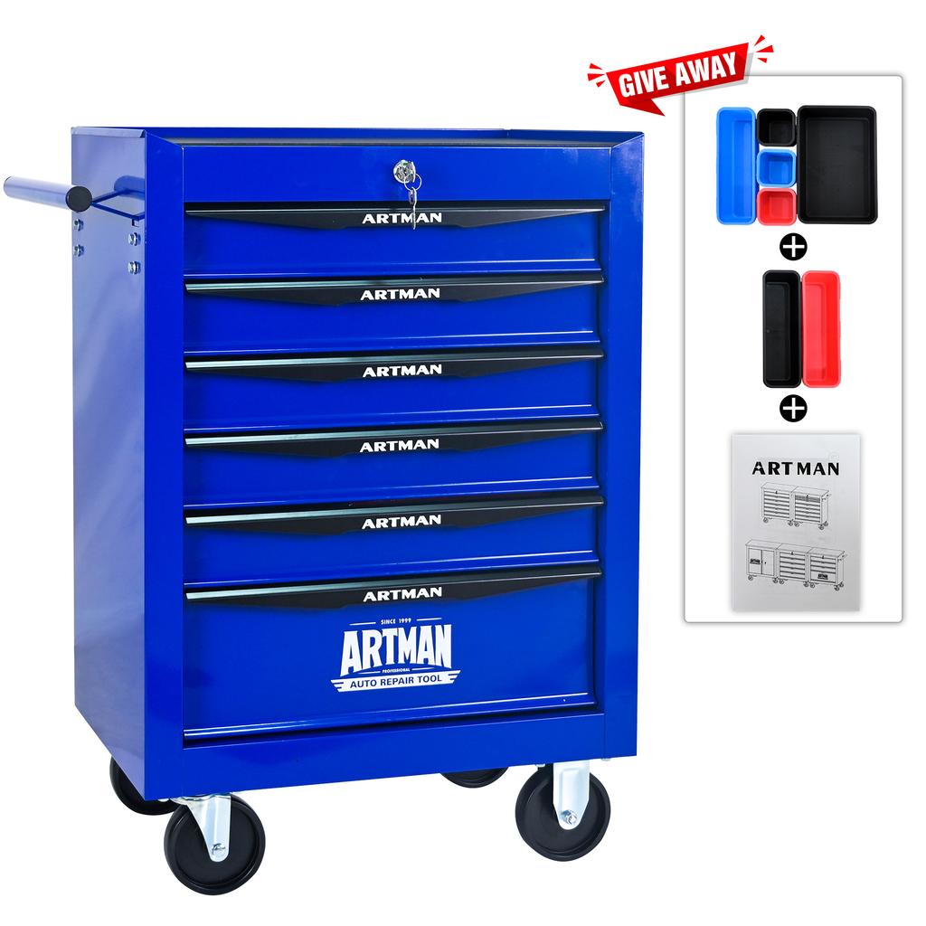 Mobile metal tool cabinet with 6 drawers, 508 mm (20 inch), ball-bearing drawer slides, organizing steel tool box – black-blue