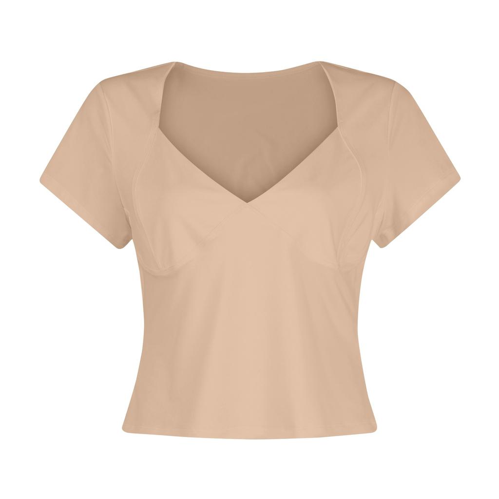 Women's Top Slim Fitting T-Shirt V-Neck Top With Bottom Short Sleeved Sexy Solor Top T-shirt