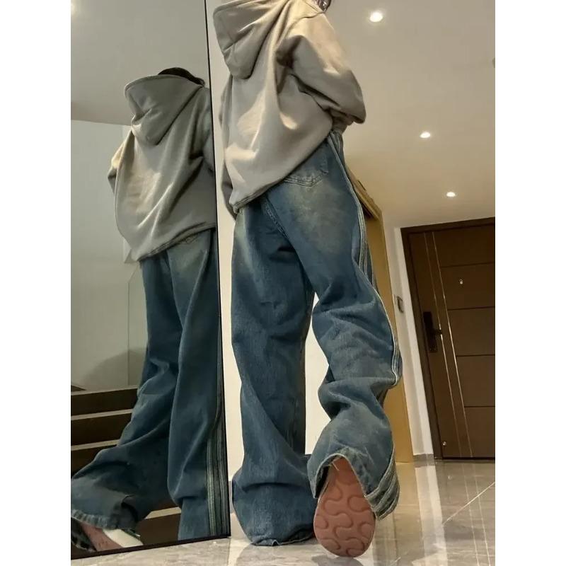 Y2K Vintage Yüksek Bel Sokak Stili Mavi Kot Pantolon Kore Moda kadın Geniş Bacak Çizgili denim pantolon Kadın Giysileri