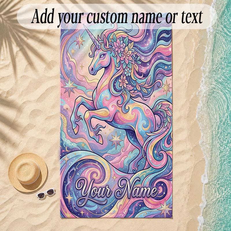 Unicorn Theme Soft Beach Towel Personalized Custom Name Text Towel Portable for Beach Pool Travel