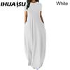 IHUASU Women Casual Loose Long Dress O-Neck Short Sleeve Summer Beach Dress Elegant Party Dress