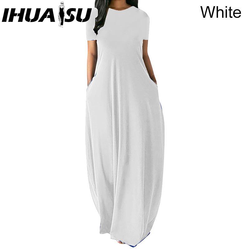 

IHUASU Женское повседневное свободное длинное платье с круглым вырезом и коротким рукавом, летнее пляжное платье, элегантное платье для вечеринки M белый