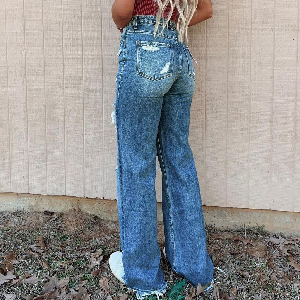 Mode Damen Straight Leg Ripped Casual Jeans Mode Wide Leg Jeans