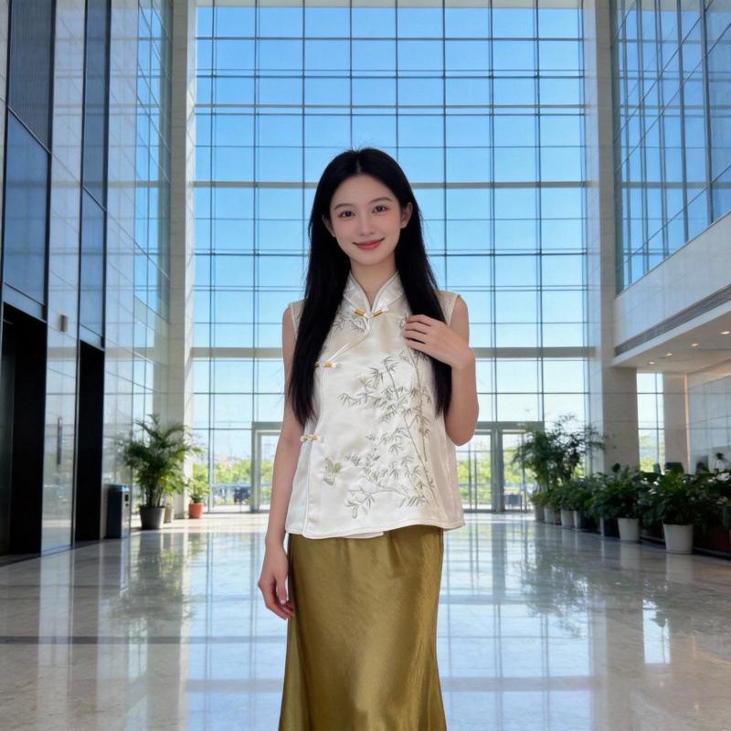 

2026 Summer Green Frog Button Top & Acetate Skirt: Elegant Women s Chinese Style Two-Piece Set Medium