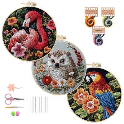 IUHUI Broderikit för Avancerade Vuxna Vackra och Vackra Djurmönster DIY Handbroderi 3 Set med 3 Broderibågar Igelkott 3-pack - (Oskyldig