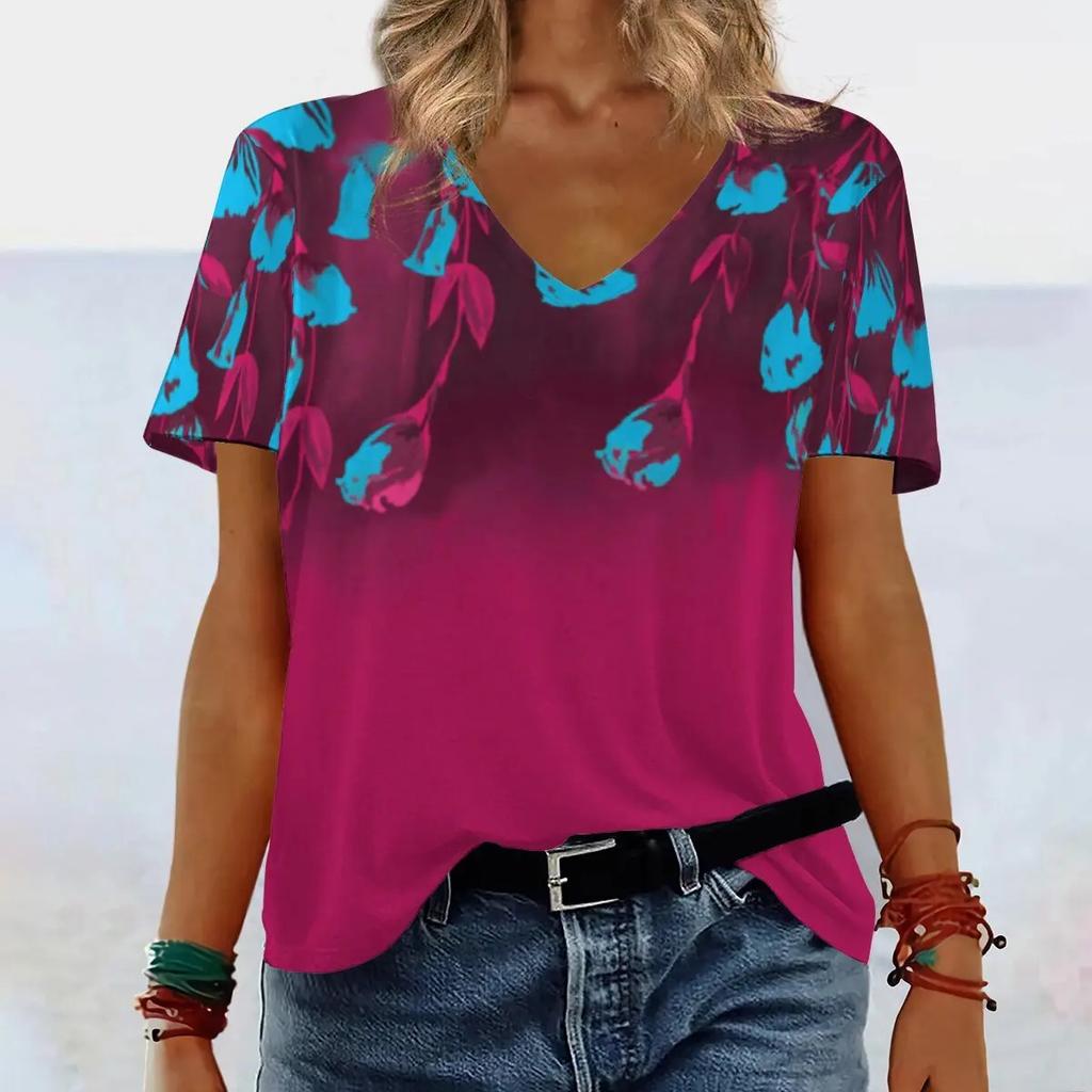 Summer V-neck 3D Gradient Printed Top Fashionable Casual Short Sleeved Women's T-shirts