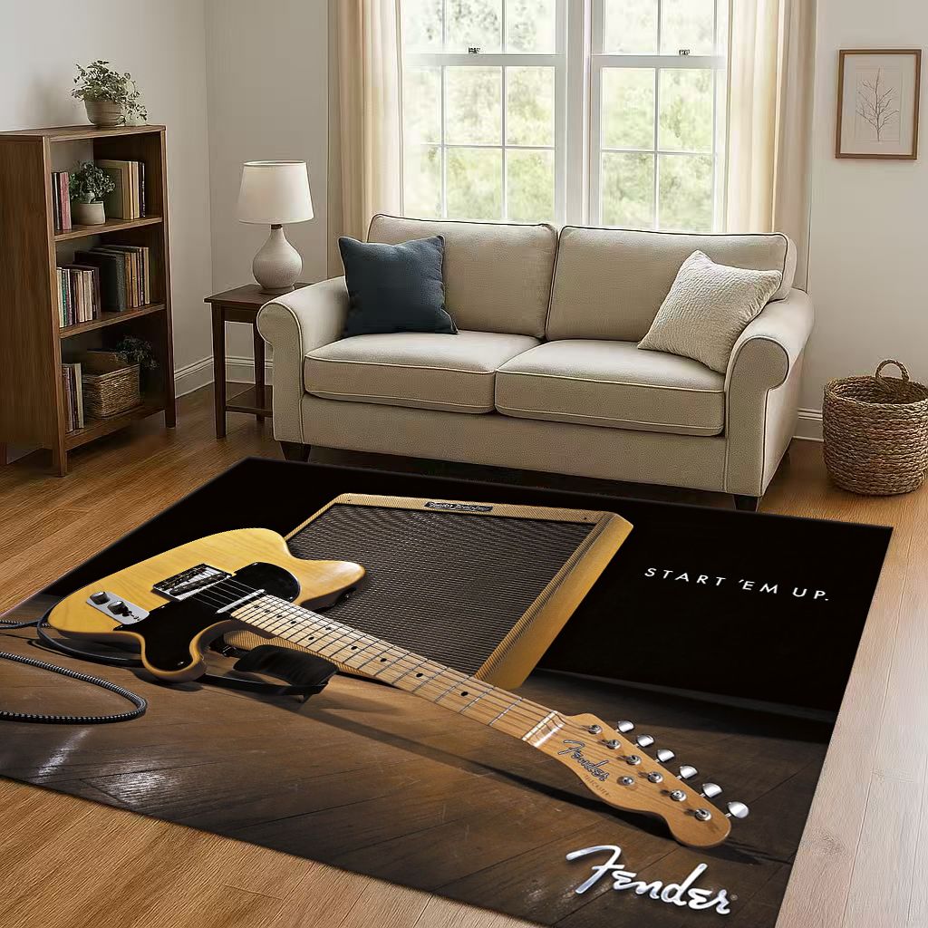 3D F Fender Guitar Musical Instrument Sign Living Room Non Slip Area Rug Carpet for Bedroom Sofa,Easy Clean Home Decor Doormat