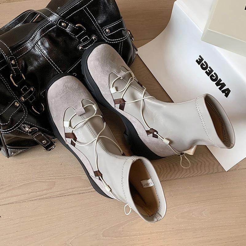 Leather Thick-soled Muffin Heightening 4cm Functional Wind Elastic Boots Socks Boots Foreign Style Small Short Boots Martin Boots Women's Autumn