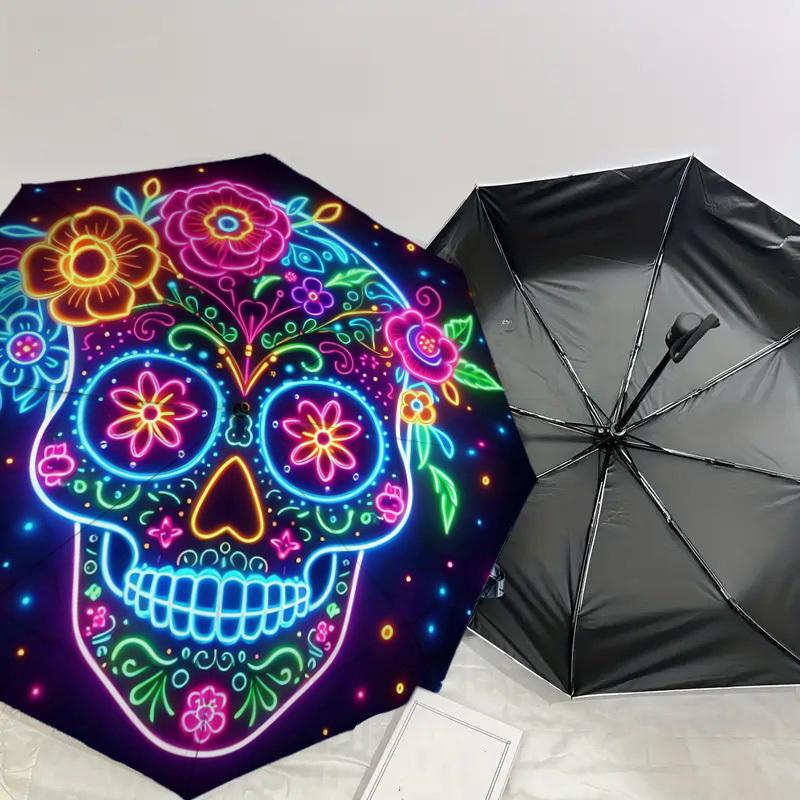 1pc Colorful Neon Sugar Skull Artwork Umbrella with Plastic Handle,Suitable for All Seasons Home Travel Outdoor UmbrellaDD1469